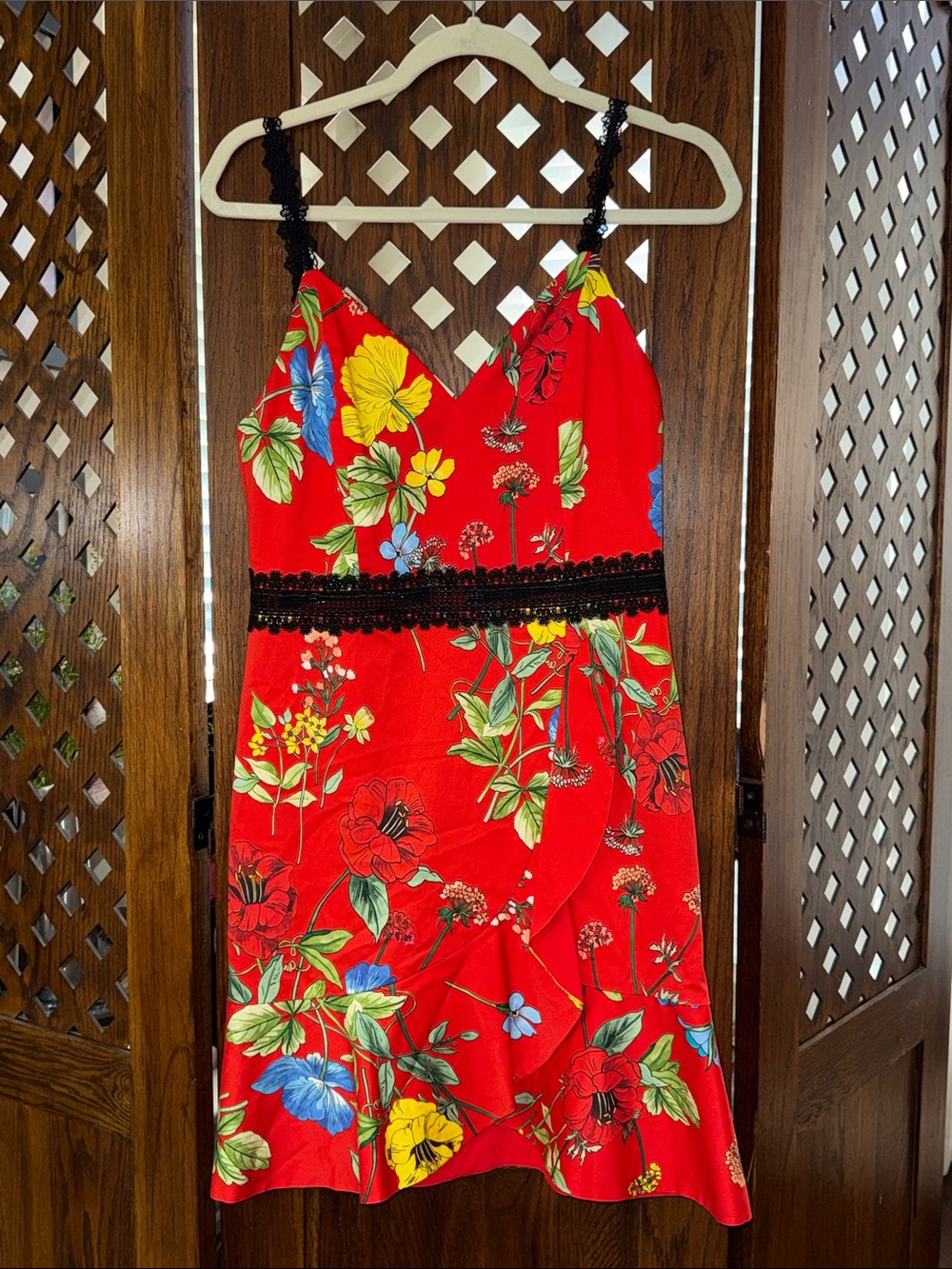 Alice + Olivia Red Floral Slip Dress with Black Lace Waist